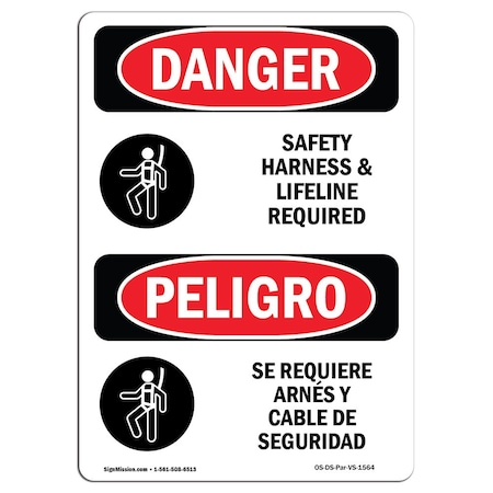 Signmission OSHA Danger, Harness & Lifeline Required Bilingual, 10in X 7in Decal, 7" W, 10" H, Bilingual Spanish OS-DS-D-710-VS-1564